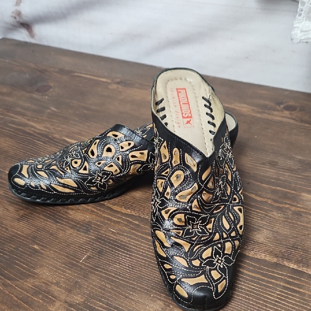 PIKOLINOS Romana Leather Floral Cut-Out Mules - Size 9.5 / 40 EU